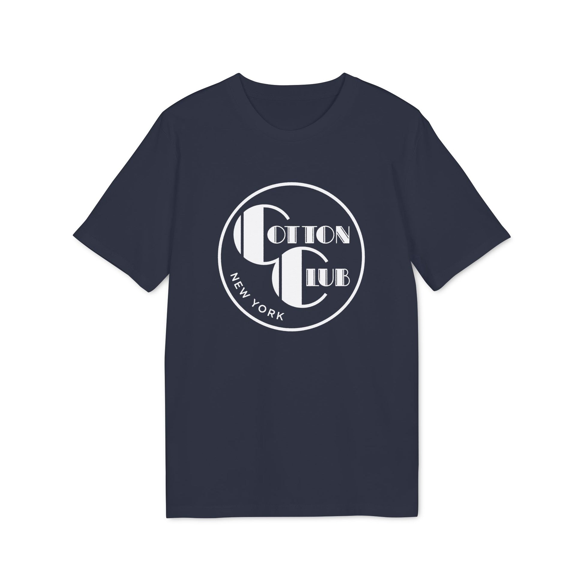 Navy t-shirt with white "Cotton Club New York" circular logo on the chest.