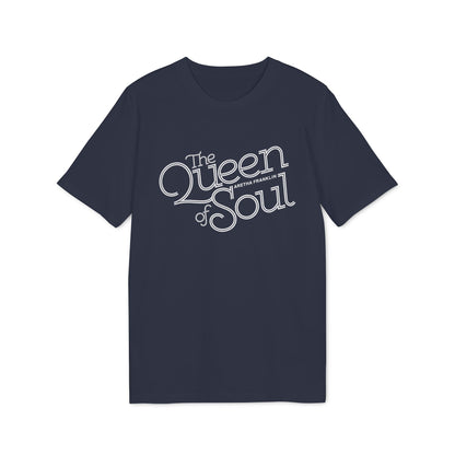 Navy t-shirt with white text "The Queen of Soul Aretha Franklin".