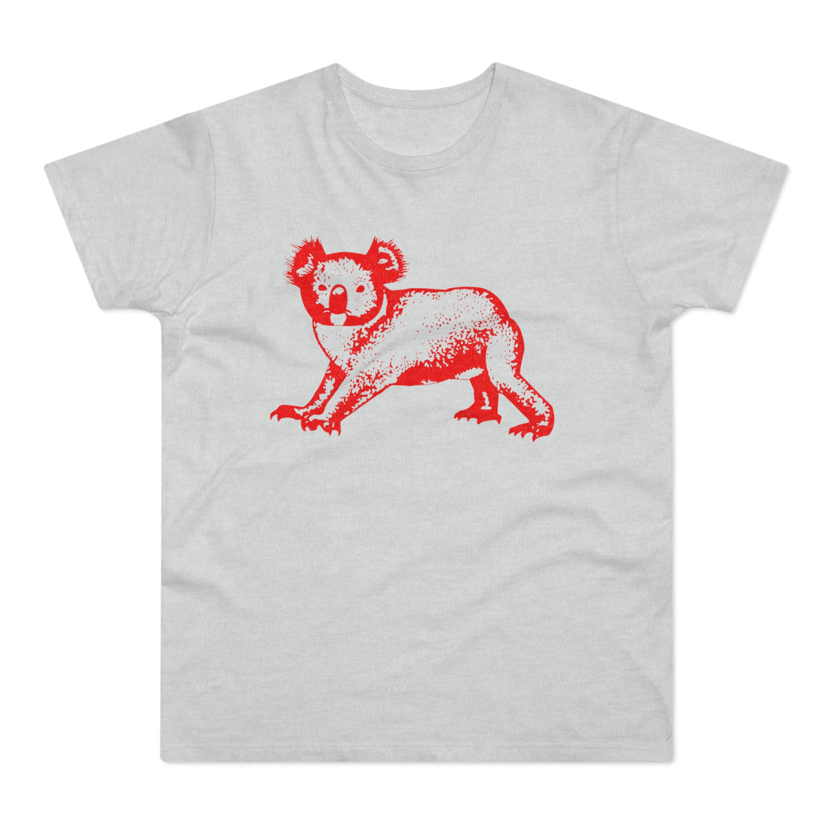 Red koala graphic on a light grey t-shirt.