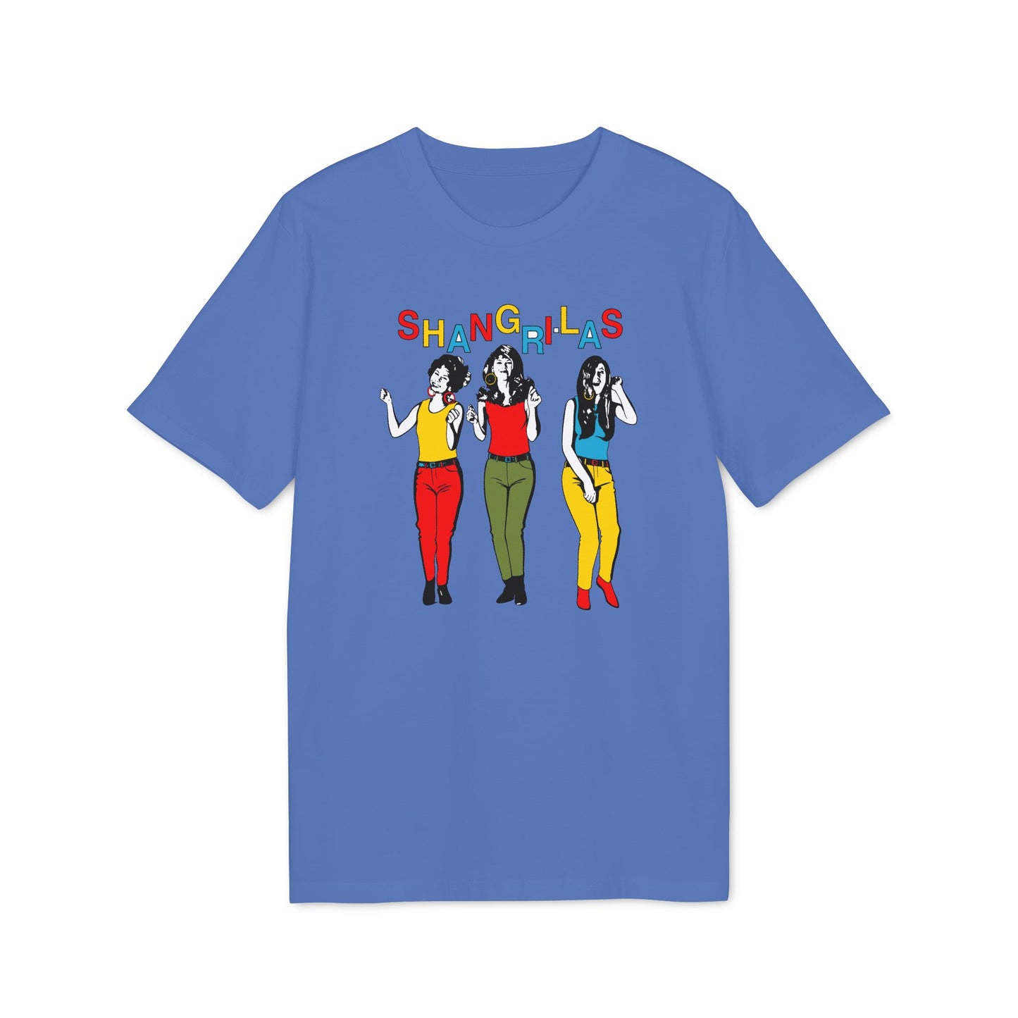 Blue t-shirt with the word SHANGRI-LAS and three cartoon women graphics.