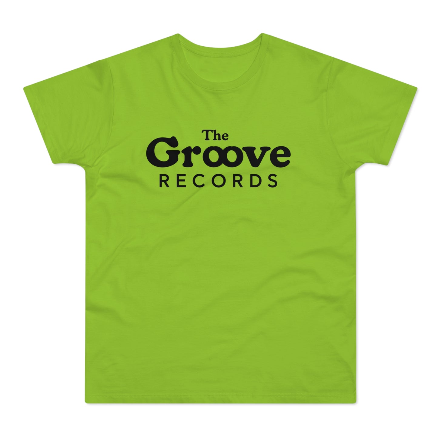 Lime green t-shirt with black "The Groove Records" text.