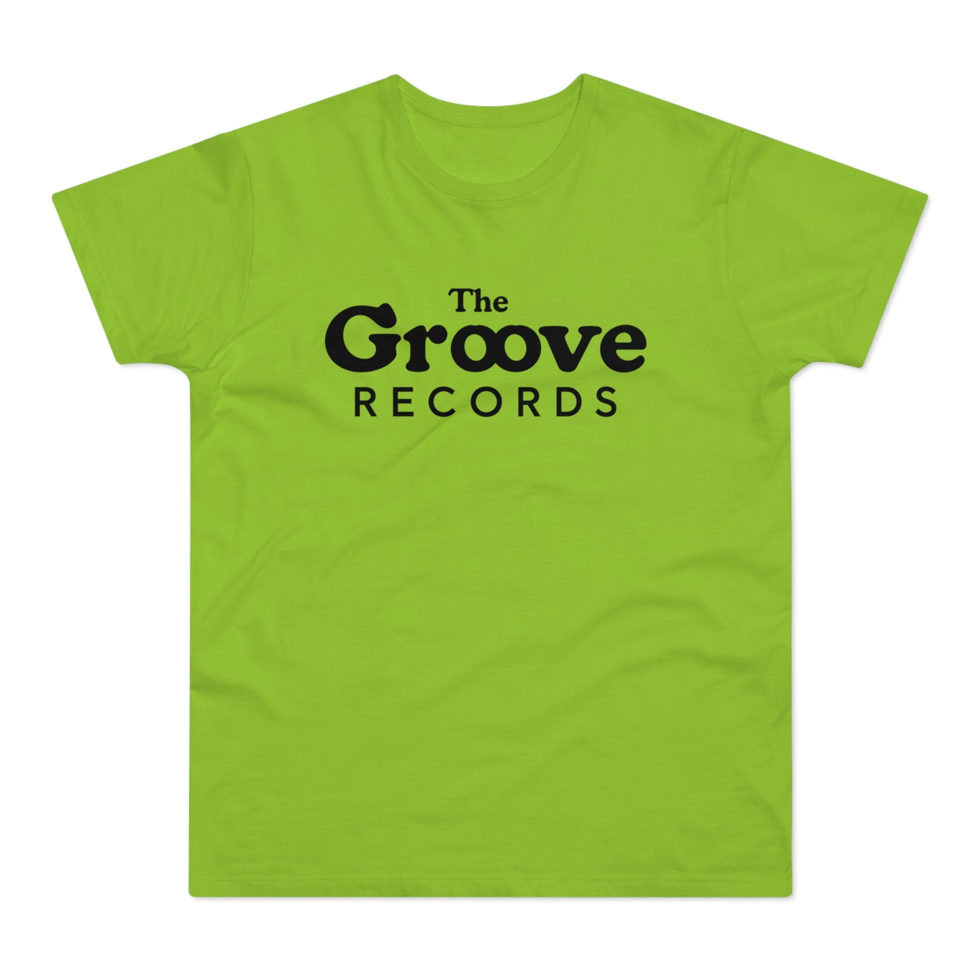 Lime green t-shirt with black "The Groove Records" text.