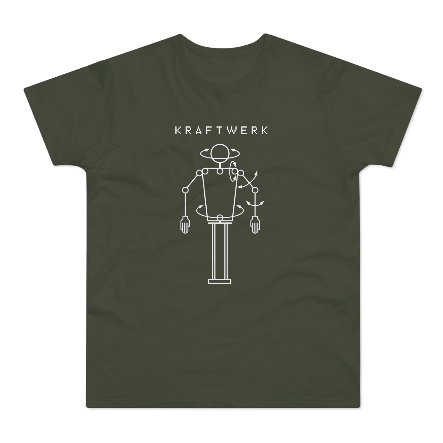 Kraftwerk band logo on a dark green t-shirt with a pixelated font.