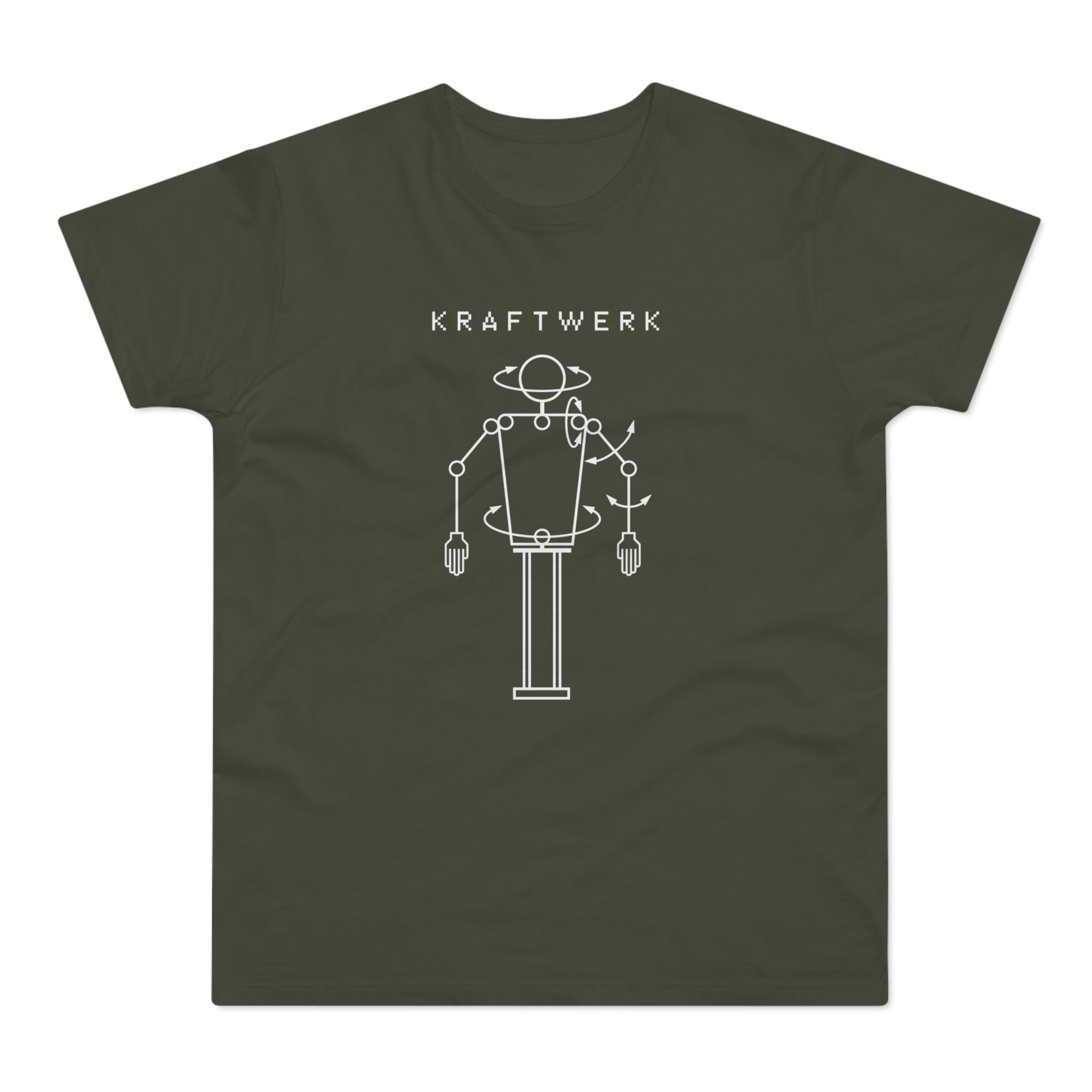 Kraftwerk band logo on a dark green t-shirt with a pixelated font.