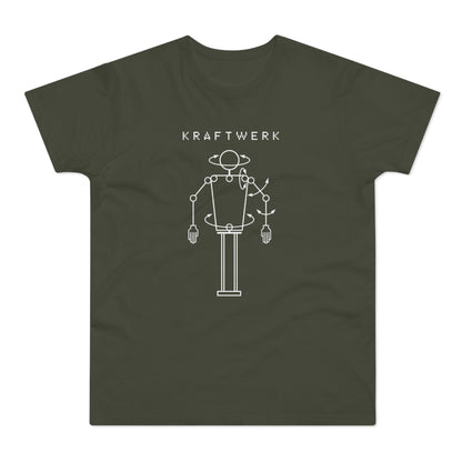 Kraftwerk band logo on a dark green t-shirt with a pixelated font.