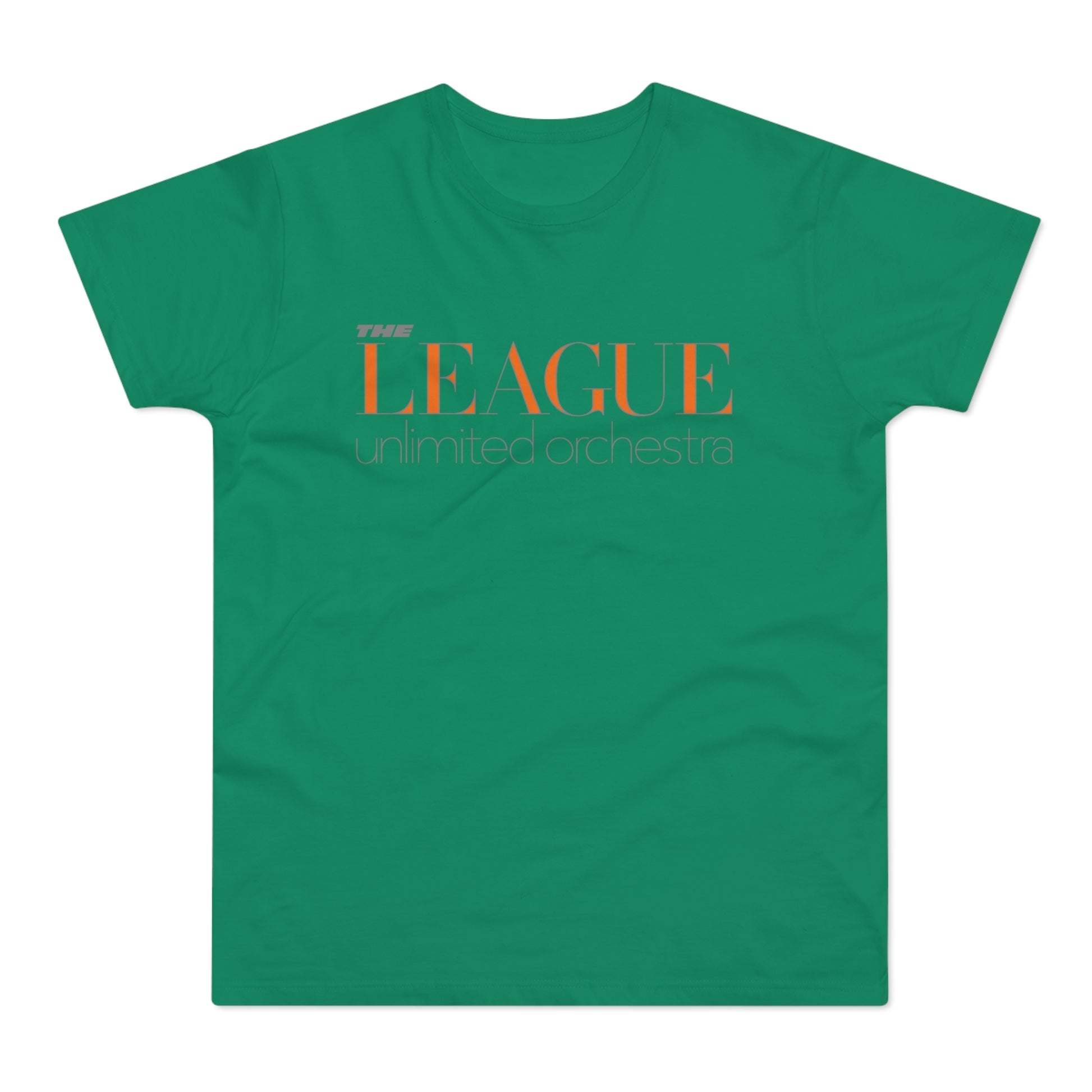 Green t‑shirt with orange text "THE LEAGUE unlimited orchestra".