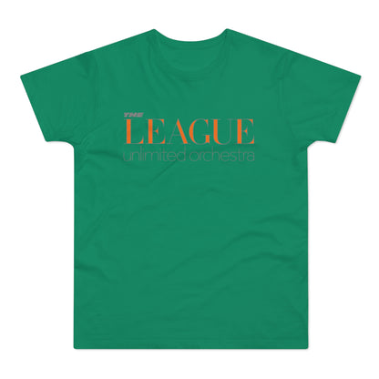 Green t‑shirt with orange text "THE LEAGUE unlimited orchestra".