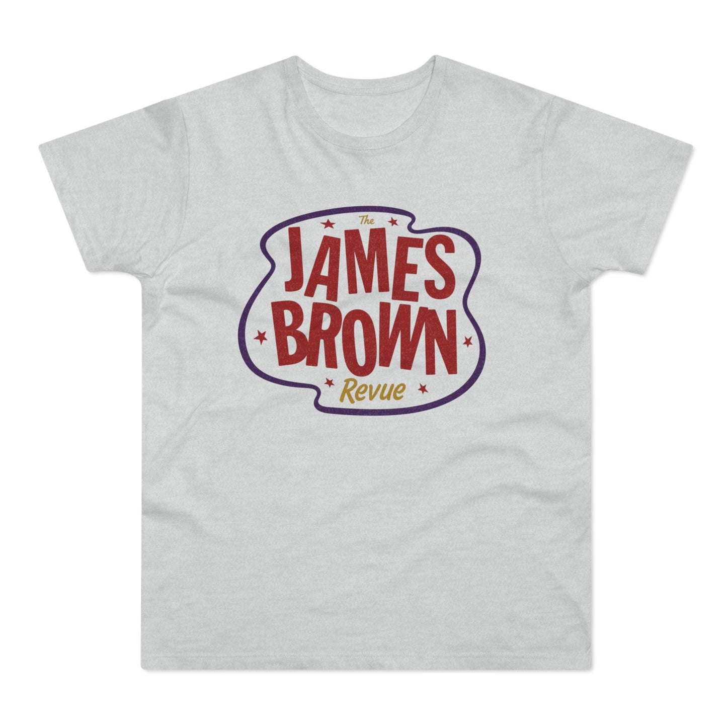 Light grey t-shirt with "The James Brown Revue" in red and gold lettering.