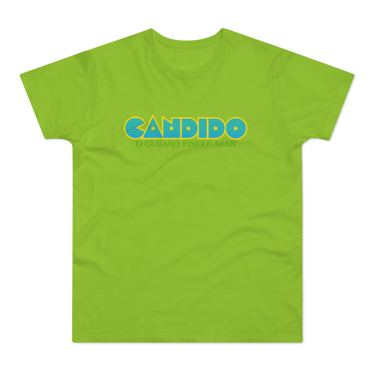 Lime green t-shirt with blue and yellow text that reads "CANDIDO THOUSAND FINGER MAN".