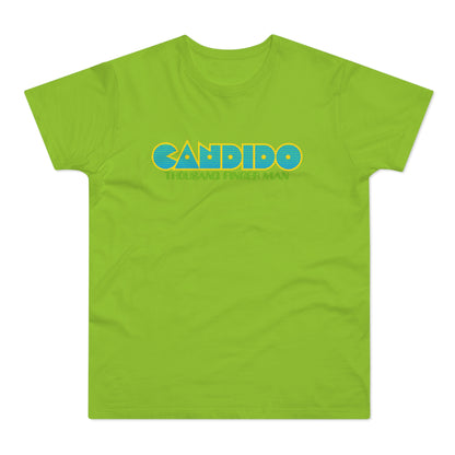 Lime green t-shirt with blue and yellow text that reads "CANDIDO THOUSAND FINGER MAN".