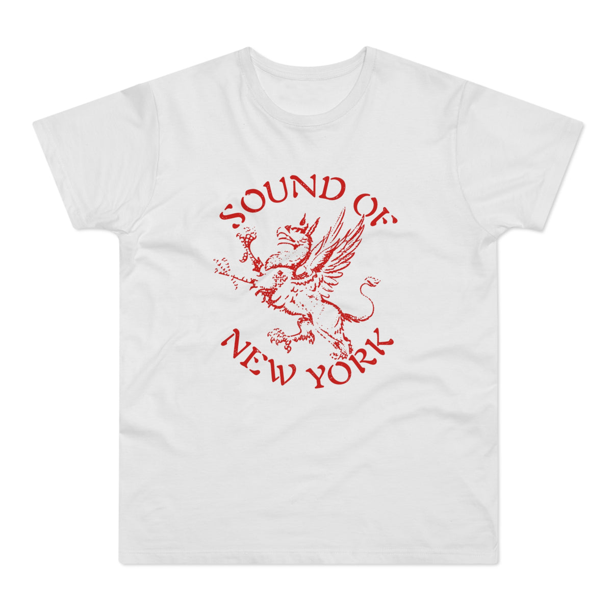 White t-shirt with red text and gryphon graphic reading "Sound of New York".
