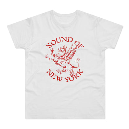 White t-shirt with red text and gryphon graphic reading "Sound of New York".