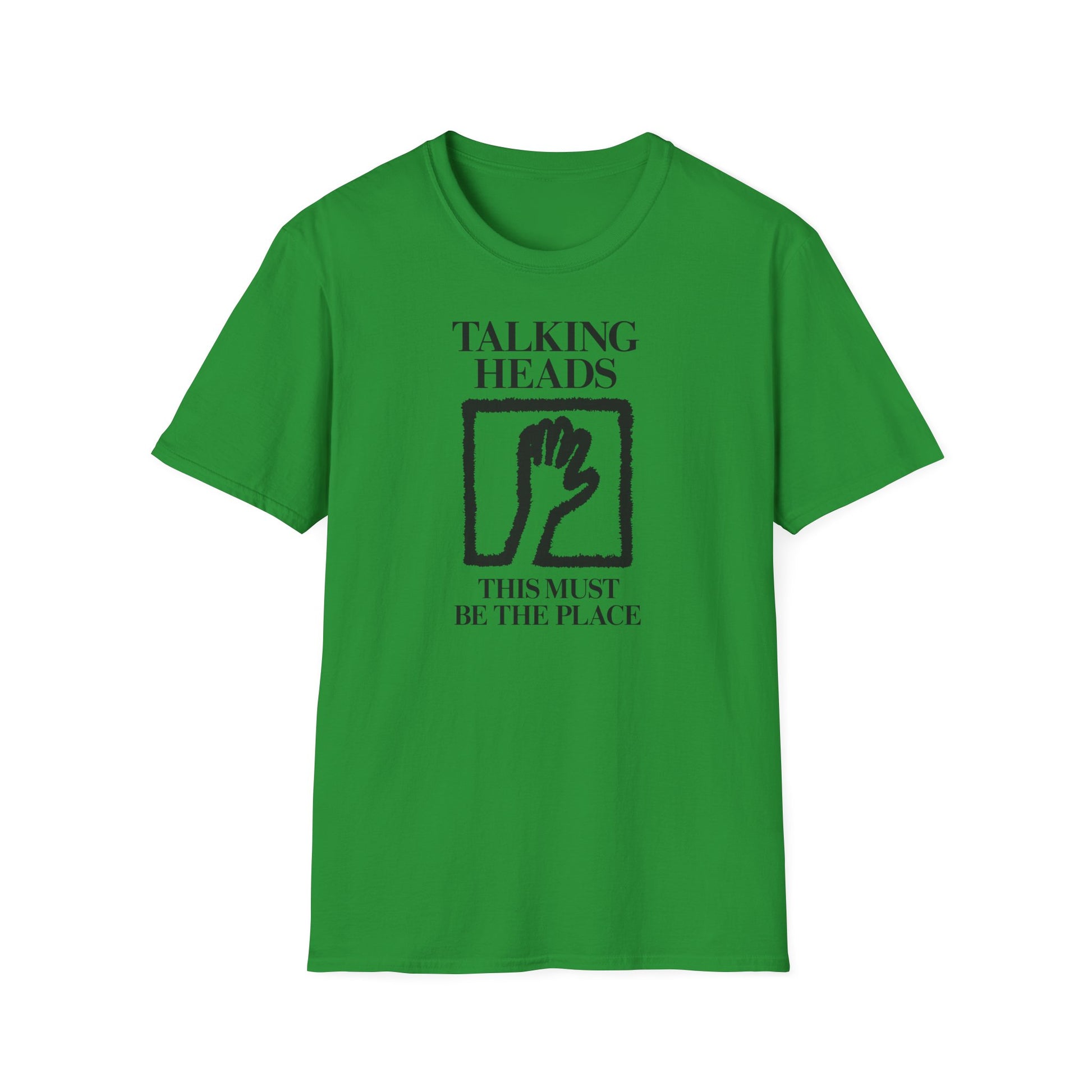 Green t-shirt with black "Talking Heads" text and hand graphic.