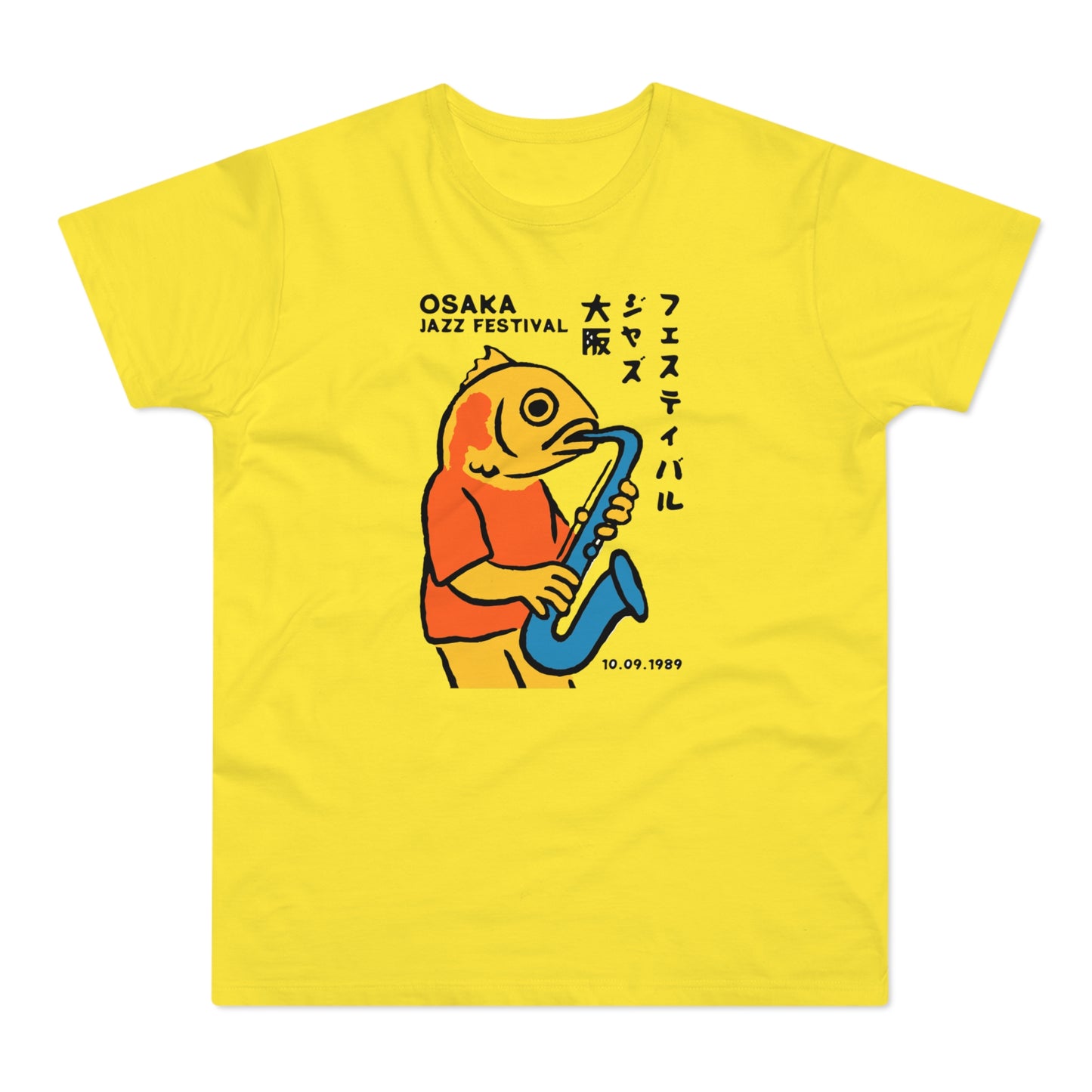 Yellow t-shirt with Osaka Jazz Festival graphic and 10.09.1989 date.