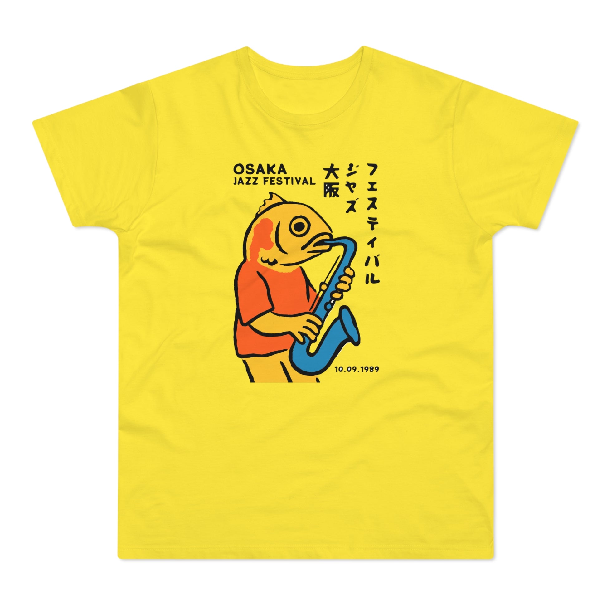 Yellow t-shirt with Osaka Jazz Festival graphic and 10.09.1989 date.