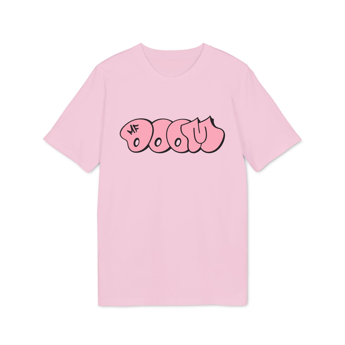 Pink t-shirt with bubble font "MF DOOM" graphic.