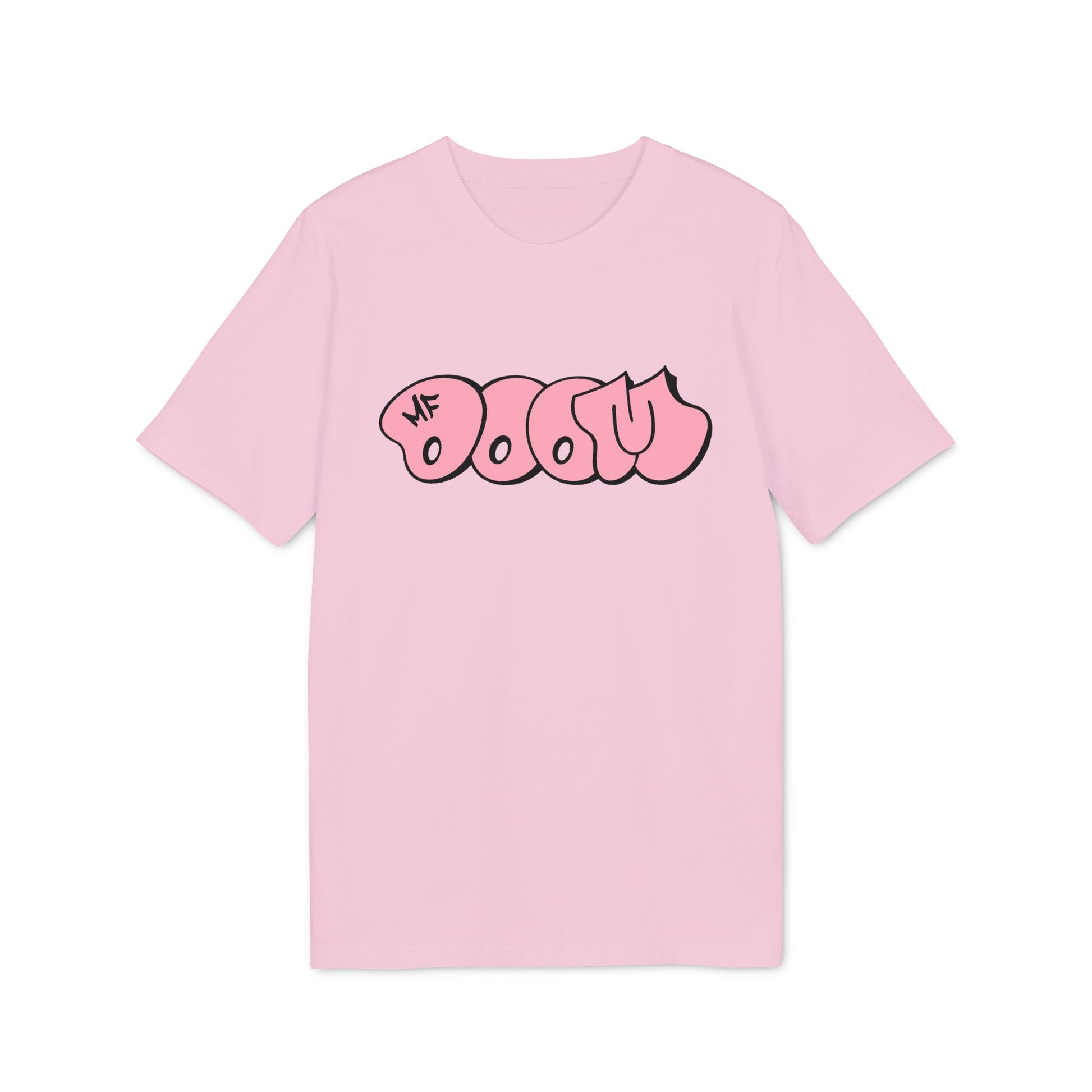 Pink t-shirt with bubble font "MF DOOM" graphic.
