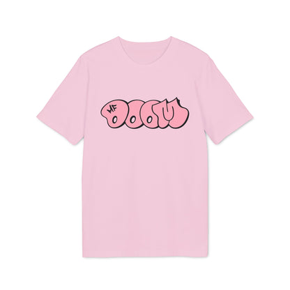 Pink t-shirt with bubble font "MF DOOM" graphic.