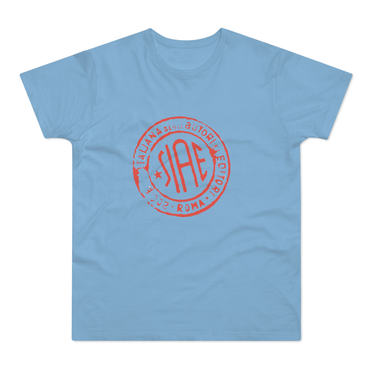 Light blue t-shirt with a red circular SIAE logo including "ITALIANA DEGLI AUTORI EDITORI" and "2002 ROMA".