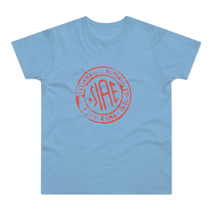 Light blue t-shirt with a red circular SIAE logo including "ITALIANA DEGLI AUTORI EDITORI" and "2002 ROMA".