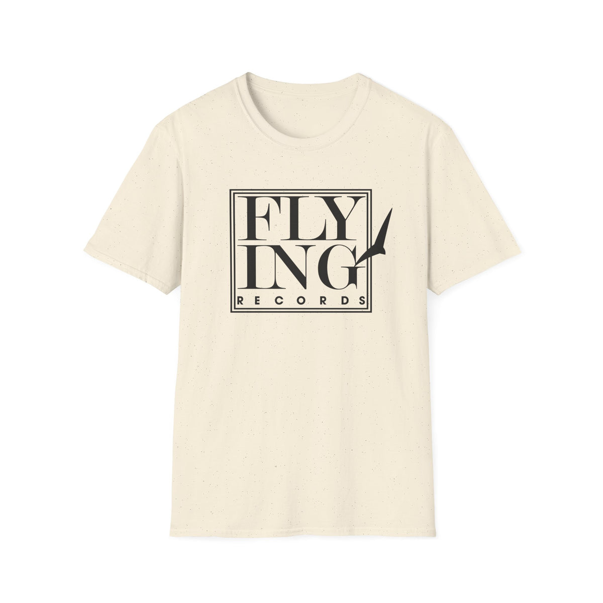 Cream t-shirt with black "FLYING RECORDS" logo and bird silhouette.