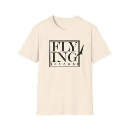 Cream t-shirt with black "FLYING RECORDS" logo and bird silhouette.