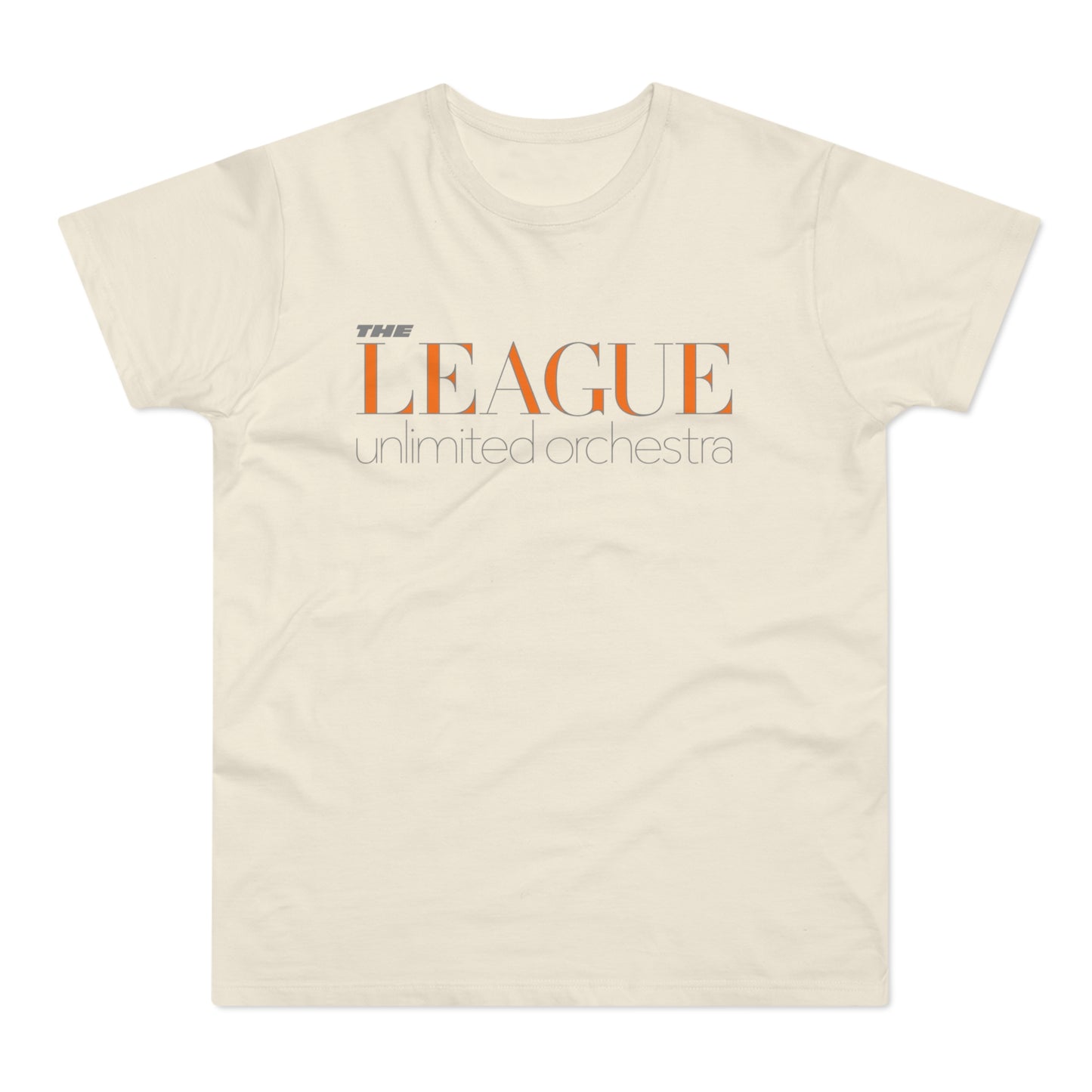 Cream t-shirt with orange "THE LEAGUE" and grey "unlimited orchestra" text.