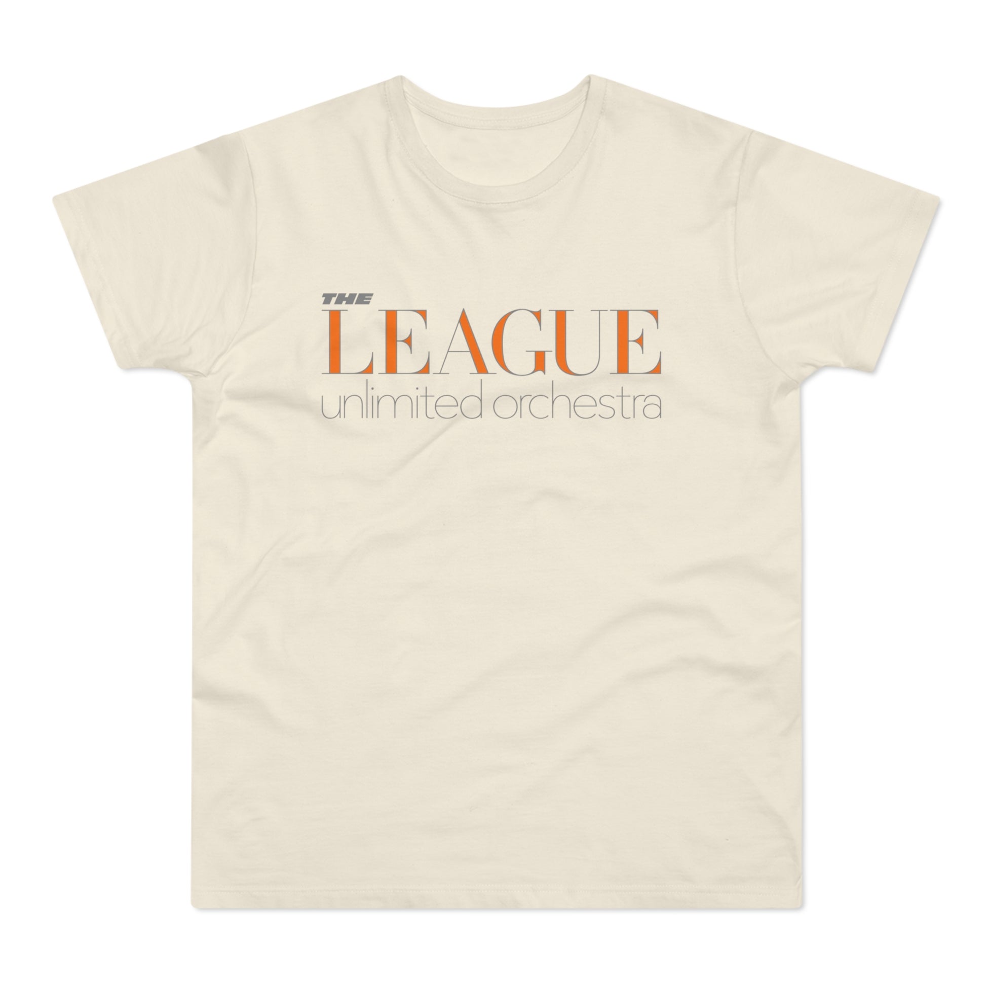 Cream t-shirt with orange "THE LEAGUE" and grey "unlimited orchestra" text.