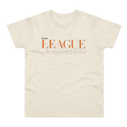 Cream t-shirt with orange "THE LEAGUE" and grey "unlimited orchestra" text.