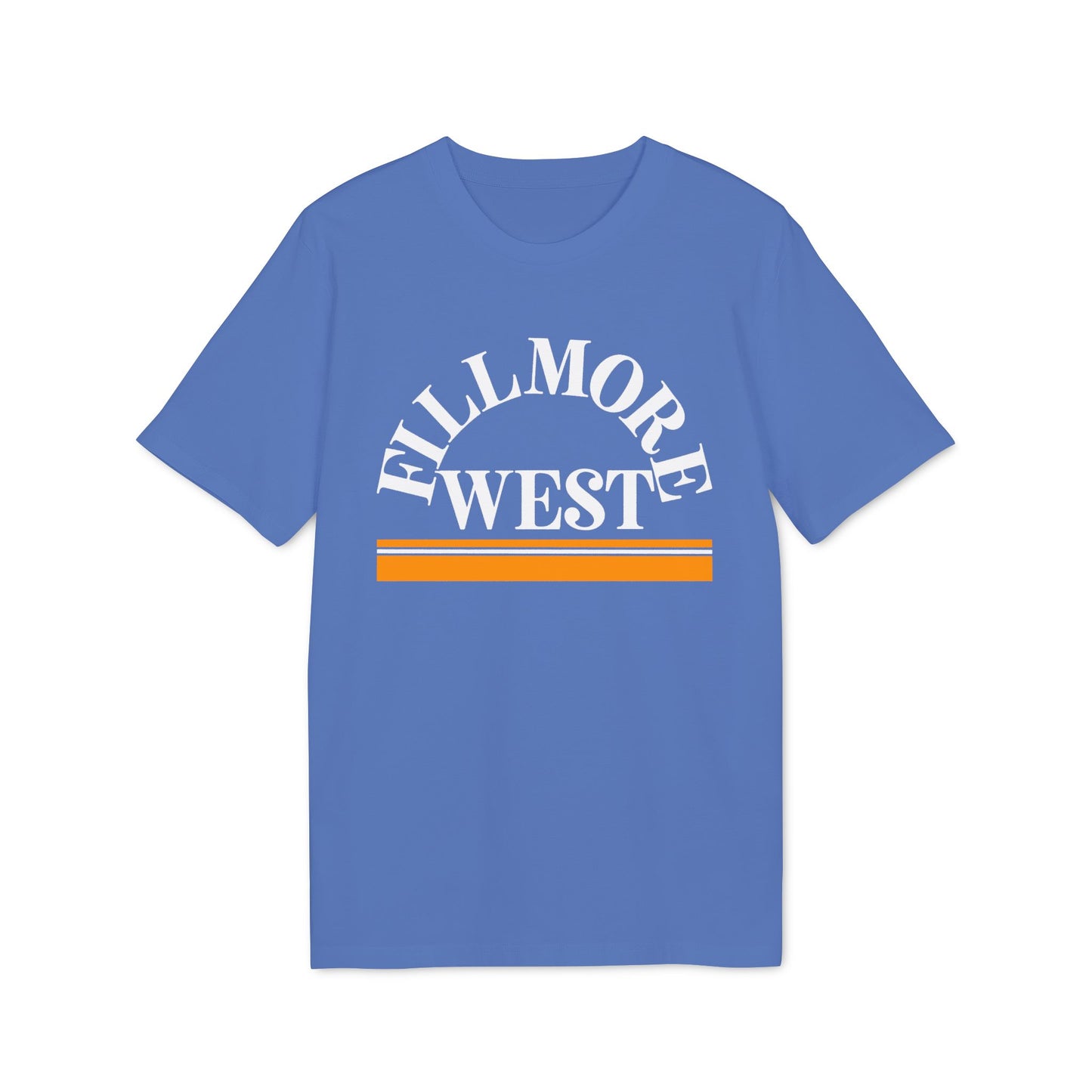 Blue t-shirt with white arched "Fillmore West" text and horizontally striped orange and white band.