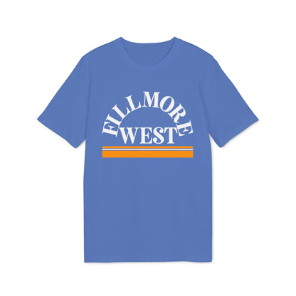 Blue t-shirt with white arched "Fillmore West" text and horizontally striped orange and white band.