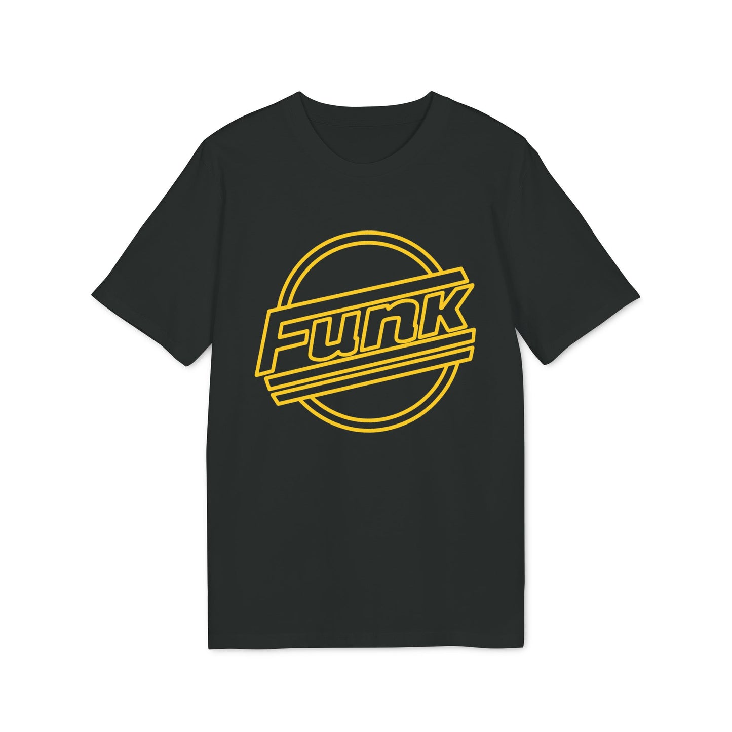 Black t-shirt with yellow "Funk" text inside a circle of lines.