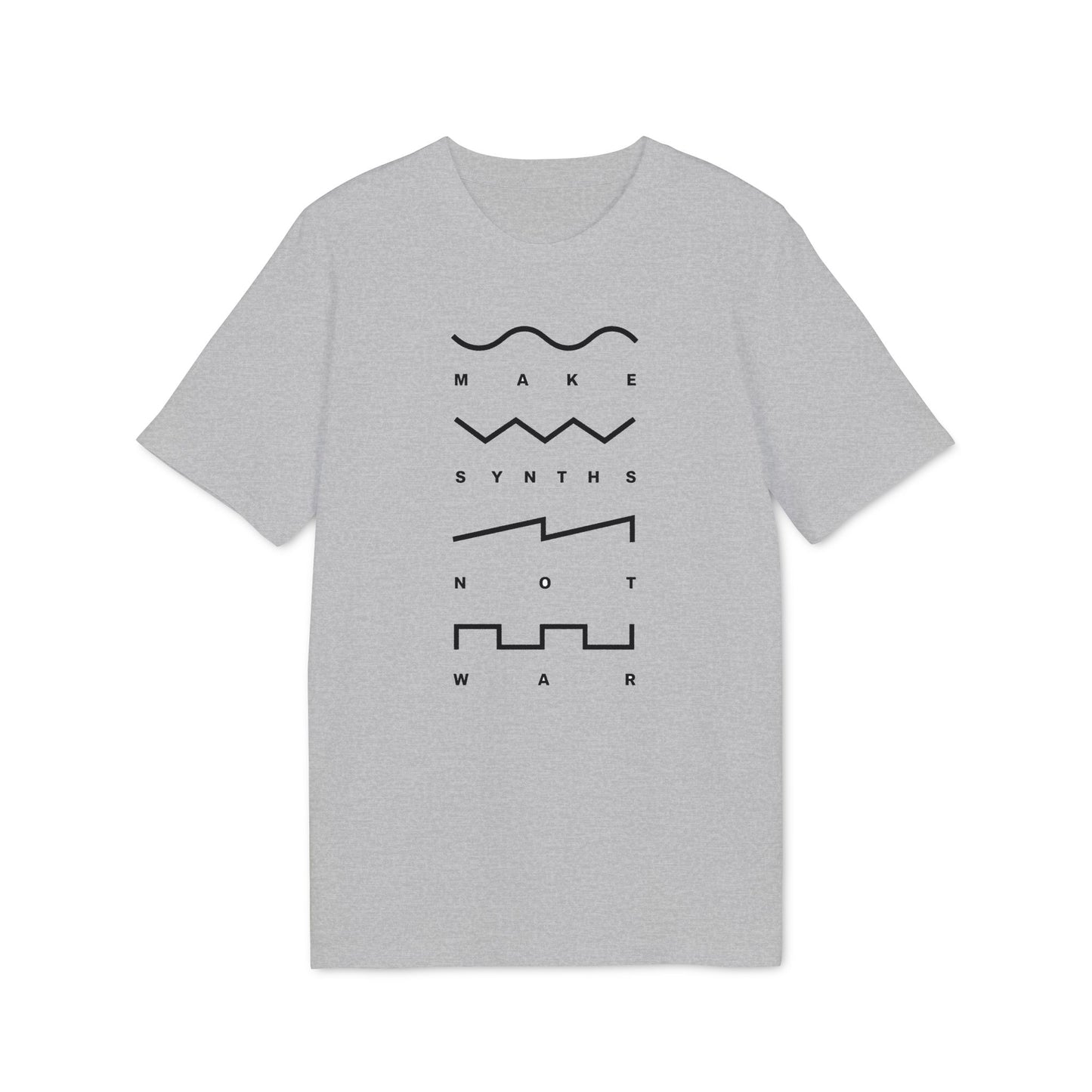 Grey t-shirt with "MAKE SYNTHS NOT WAR" text and waveform graphics.