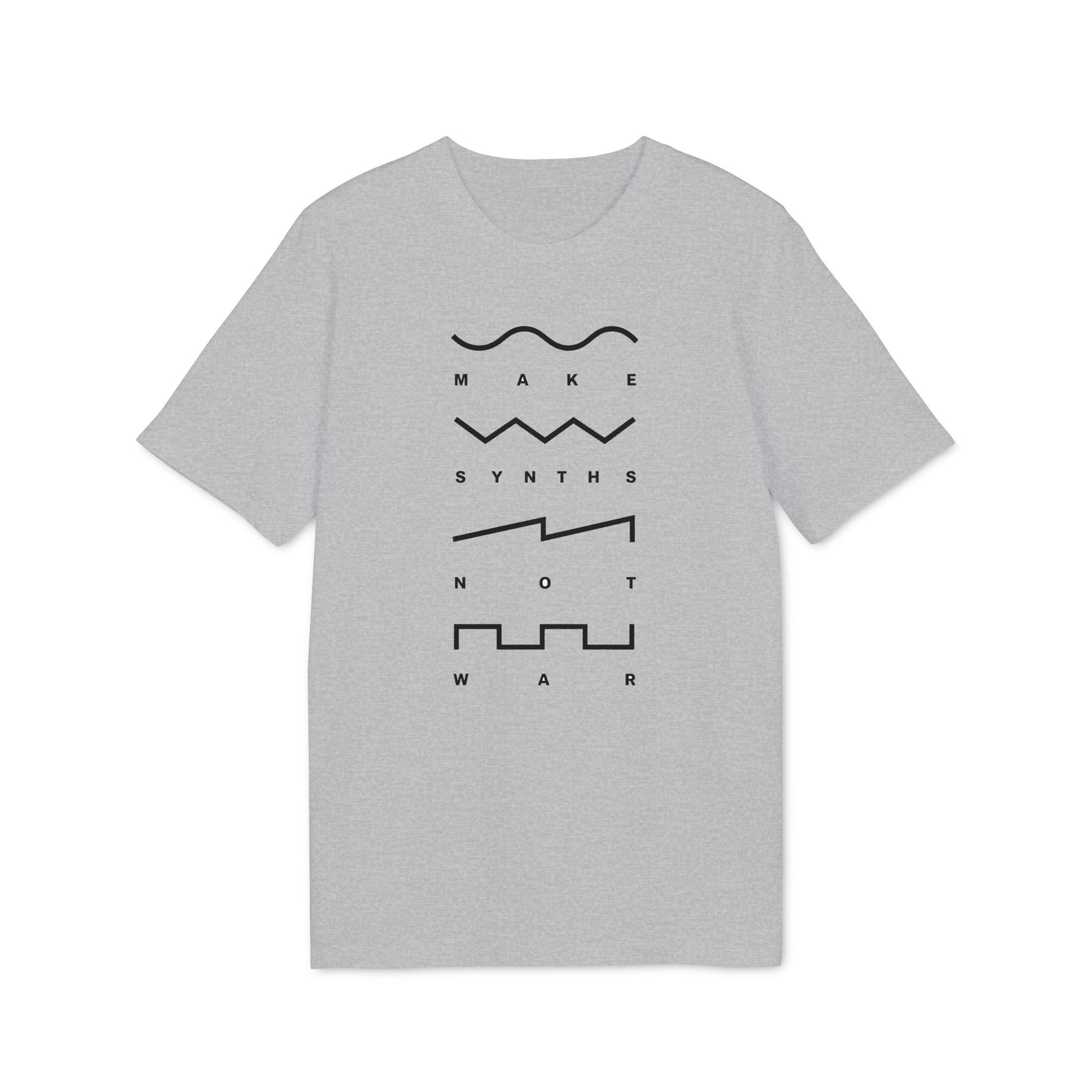 Grey t-shirt with "MAKE SYNTHS NOT WAR" text and waveform graphics.