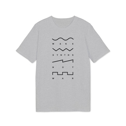 Grey t-shirt with "MAKE SYNTHS NOT WAR" text and waveform graphics.