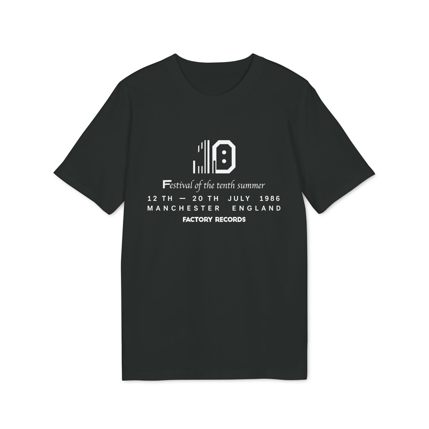 Black t-shirt with "10 Festival of the tenth summer" and Factory Records details.