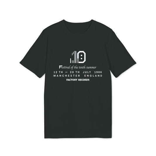 Black t-shirt with "10 Festival of the tenth summer" and Factory Records details.