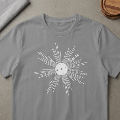 Gray t-shirt with a white sun design that reads "SUN-RA Space is the Place"
