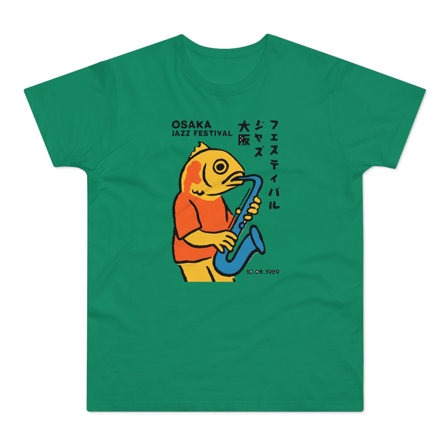 Yellow fish in orange shirt plays blue saxophone with Osaka Jazz Festival text.
