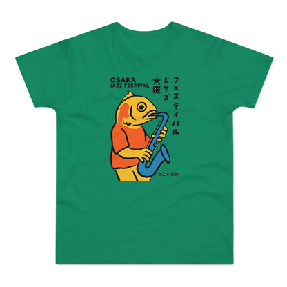 Yellow fish in orange shirt plays blue saxophone with Osaka Jazz Festival text.