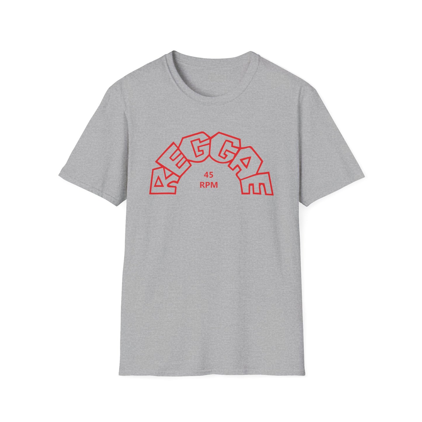 Grey t-shirt with red outline text "REGGAE" in an arch and "45 RPM" below.