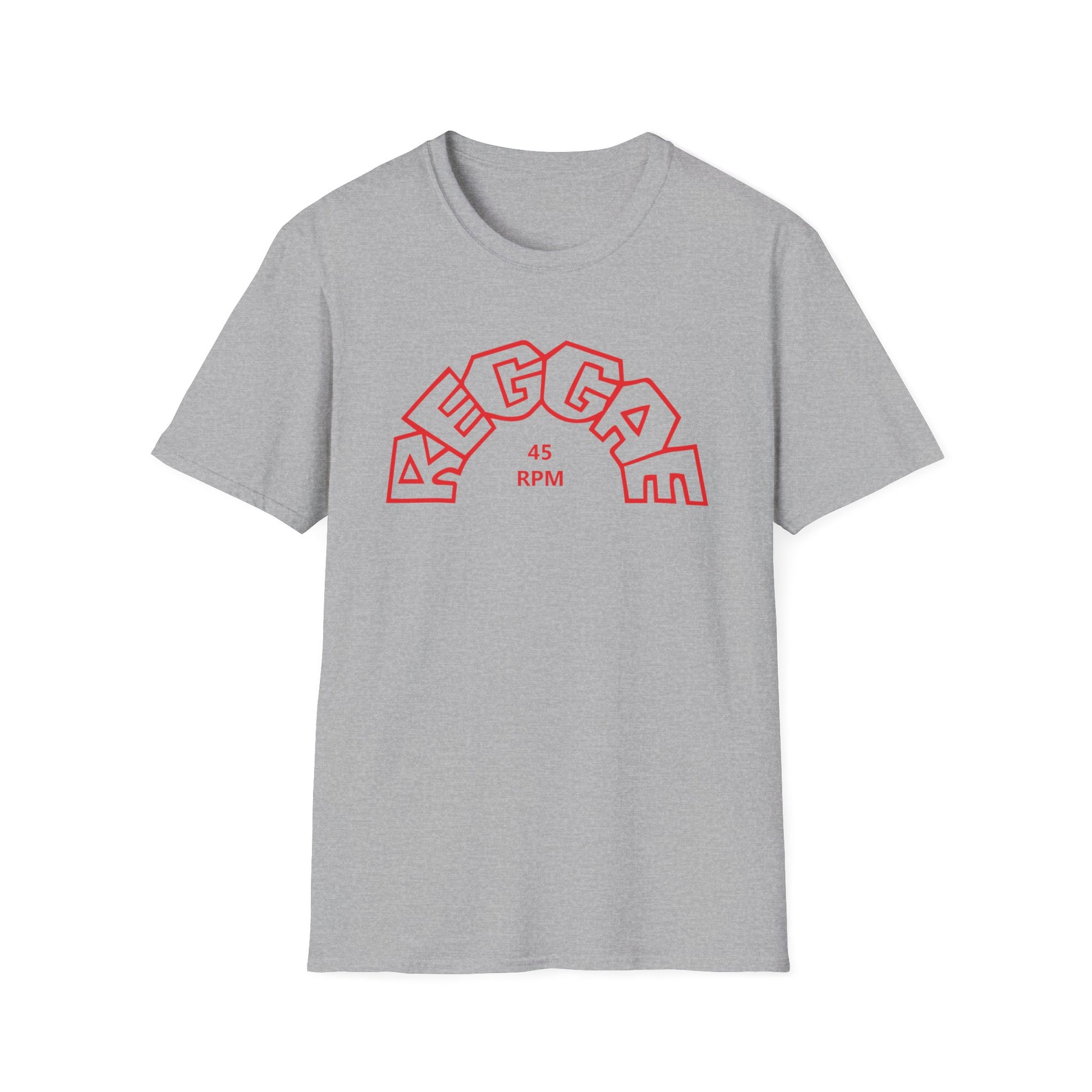 Grey t-shirt with red outline text "REGGAE" in an arch and "45 RPM" below.