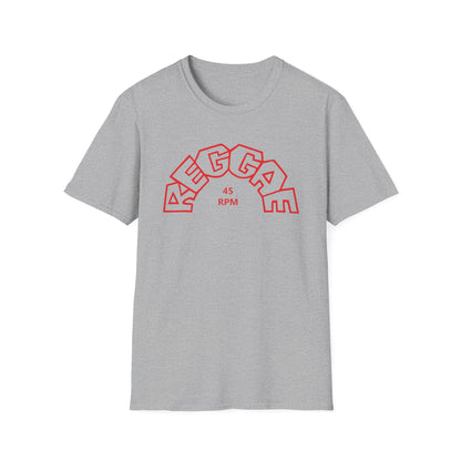Grey t-shirt with red outline text "REGGAE" in an arch and "45 RPM" below.