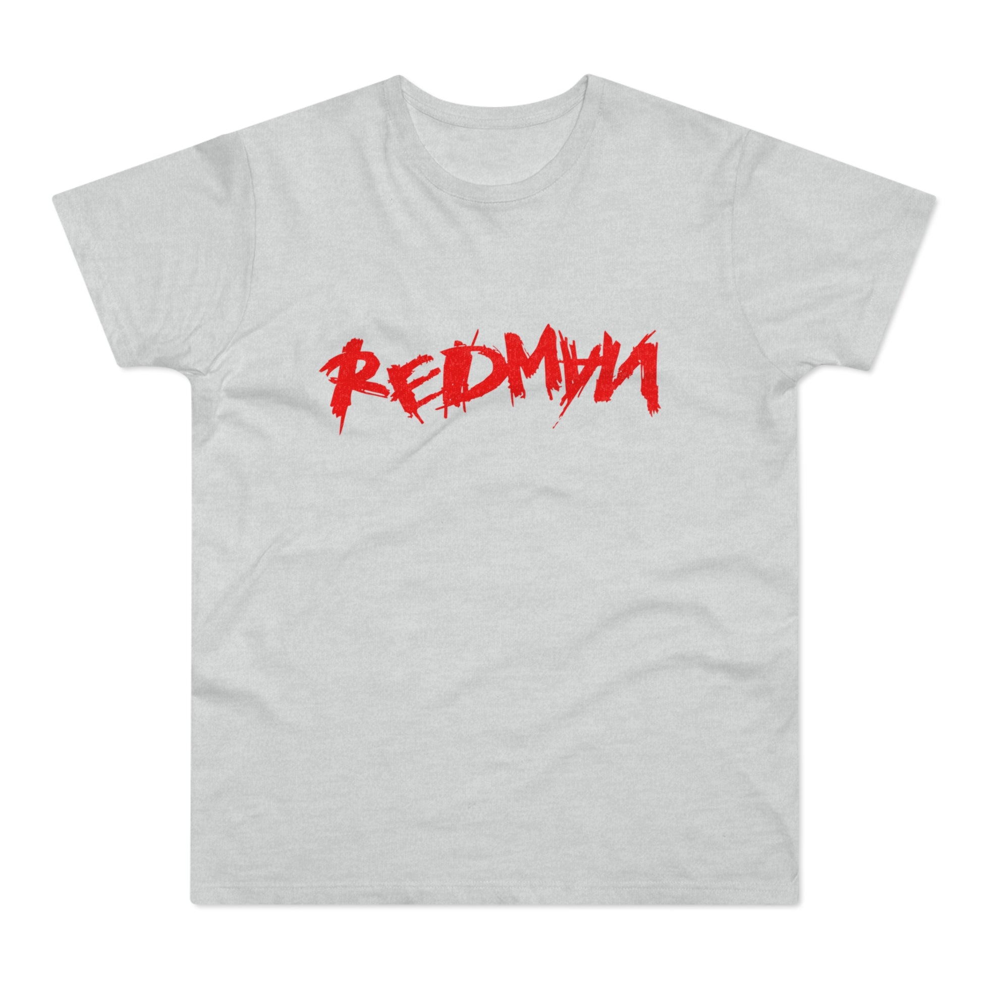 Light grey t-shirt with red "REDMAN" text graphic.