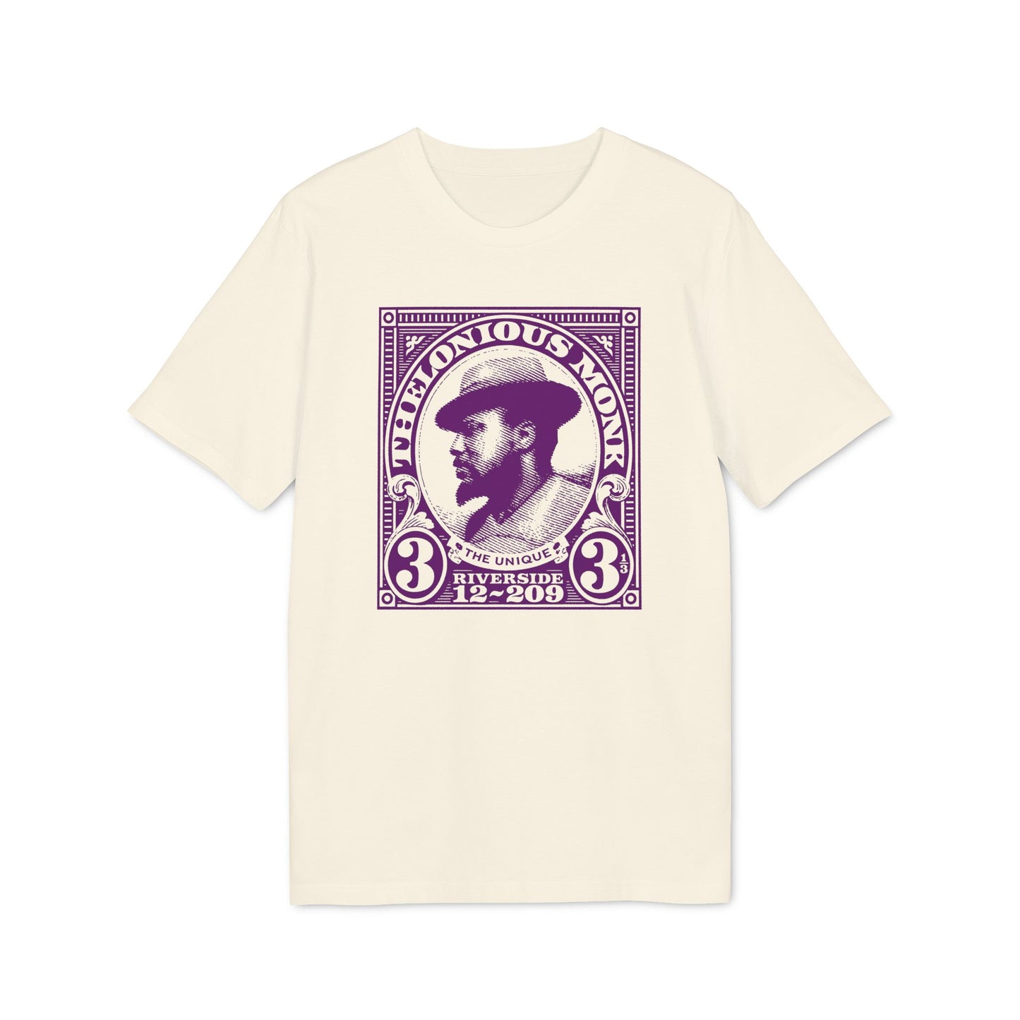 Cream t-shirt with purple Thelonious Monk stamp graphic.