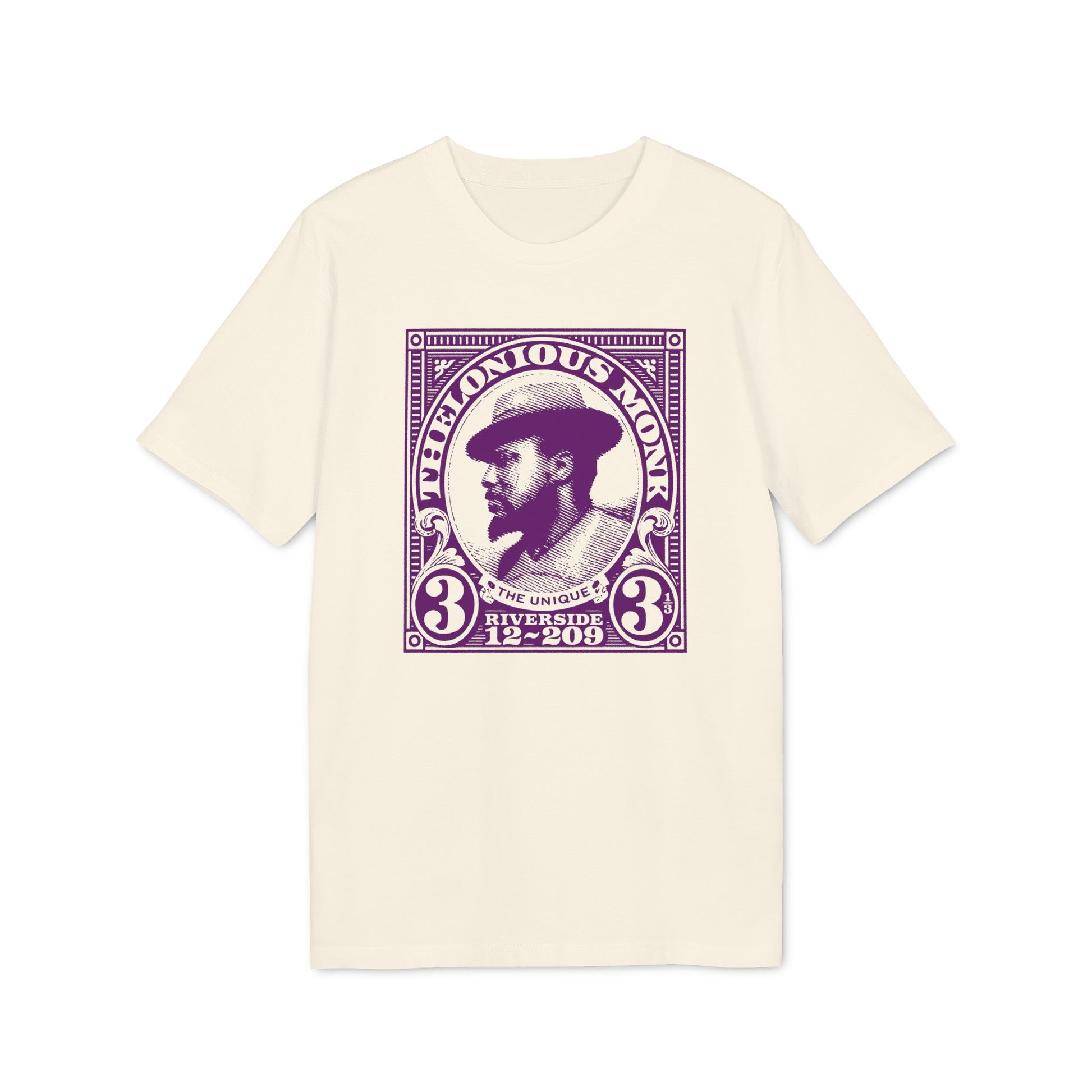 Cream t-shirt with purple Thelonious Monk stamp graphic.