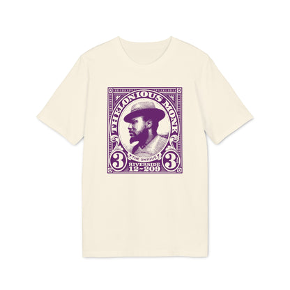 Cream t-shirt with purple Thelonious Monk stamp graphic.