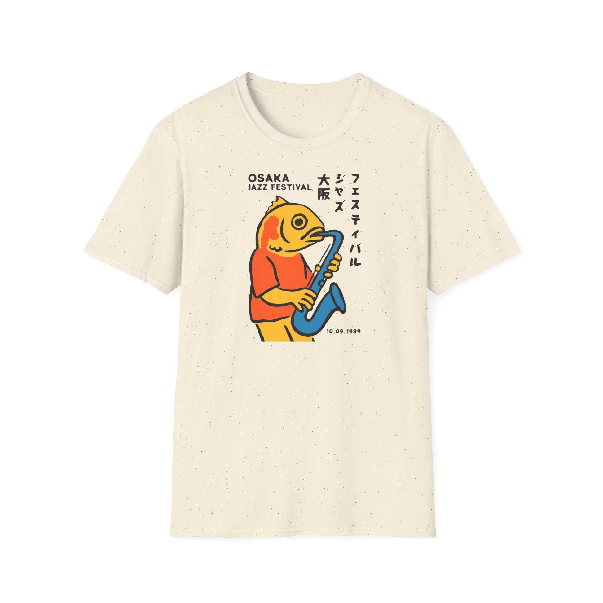 Osaka Jazz Festival graphic with anthropomorphic fish playing saxophone and date 10.09.1989.
