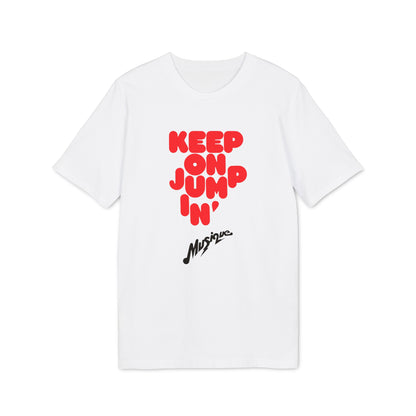 White t-shirt with red "KEEP ON JUMP IN" text and black "Musique" script.
