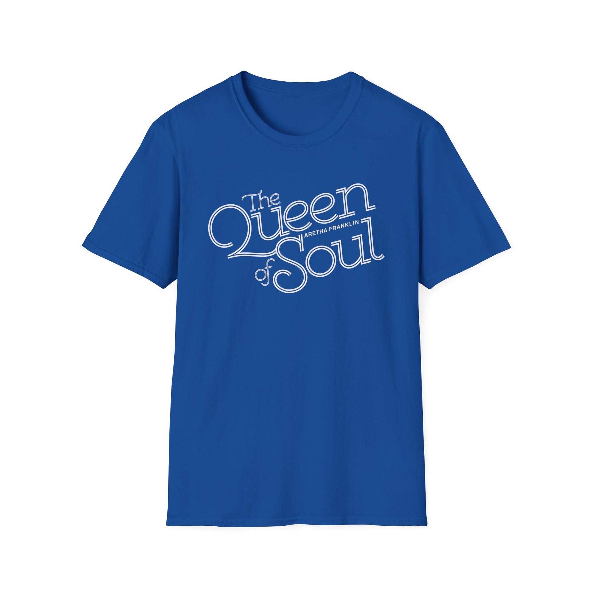 Royal blue t-shirt with white text "The Queen of Soul Aretha Franklin".
